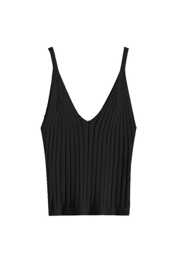 Women Sexy Sleeveless Crop Tank Top Ribbed Knitted Spaghetti Strap Camisole Deep V-Neck Solid Color Basic Elastic Slim Sling Vest