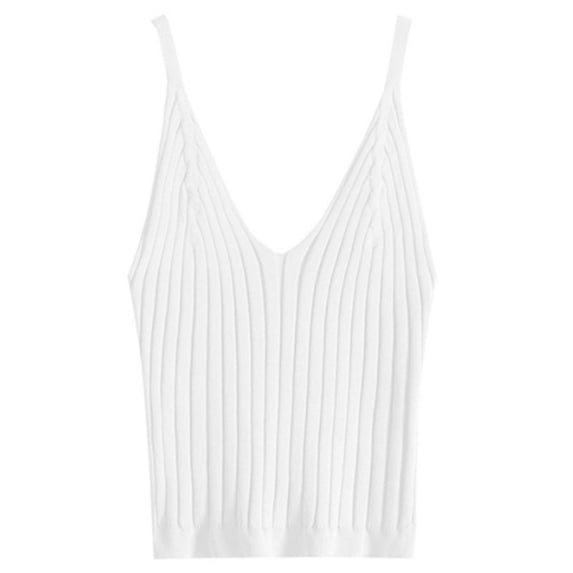 OOKWE Women Sexy Sleeveless Crop Tank Top Ribbed Knitted Spaghetti Strap Camisole Deep V-Neck Solid Color Basic Elastic Slim Sling Vest