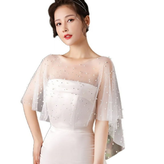 OOKWE Women Sheer Tulle Pleated Wedding Shawl Rhinestone Pearl Beads White Capelet Bolero Vintage High Low Shrug Wrap Cover Up