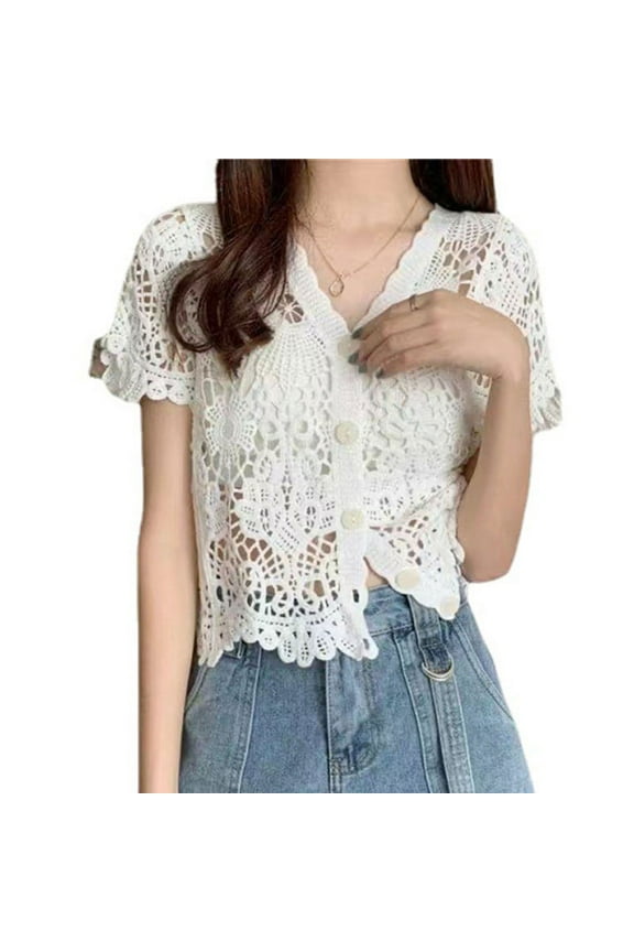 Women Short Sleeve Lace Shrug Hollow Crochet Button Sheer Crop Cardigan Jacket