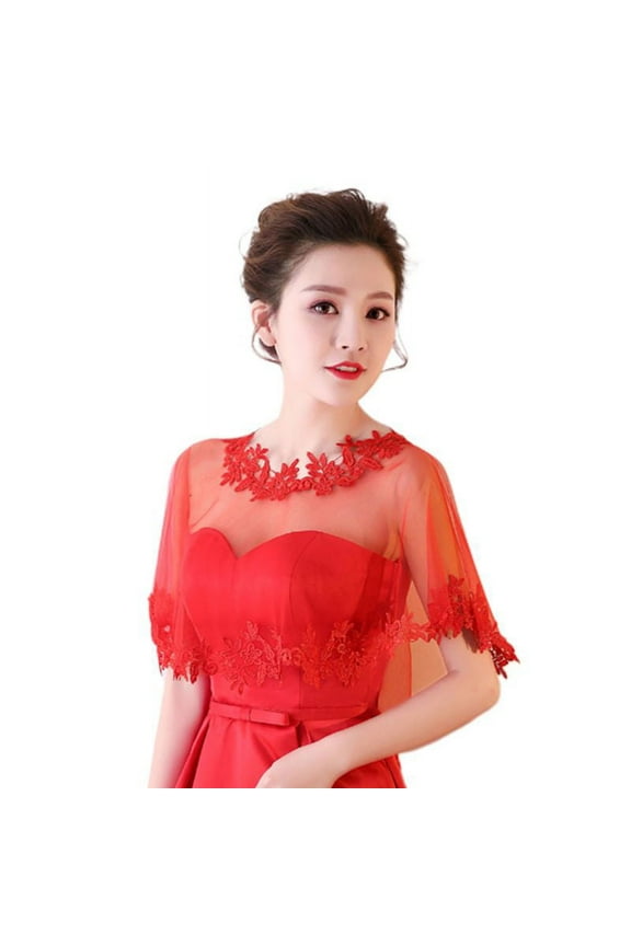 Women Single Layer Sheer High Low Wedding Shawl Wrap Floral Lace Applique Splicing Trim Bridal Evening Cape Shrug Capelet Bolero