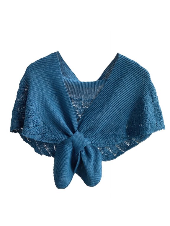 Women Spring Crochet Shawl Wrap Knitted Fish Scales Solid Color Fake Collar Poncho Tie Knot Front Vintage Cape Scarf
