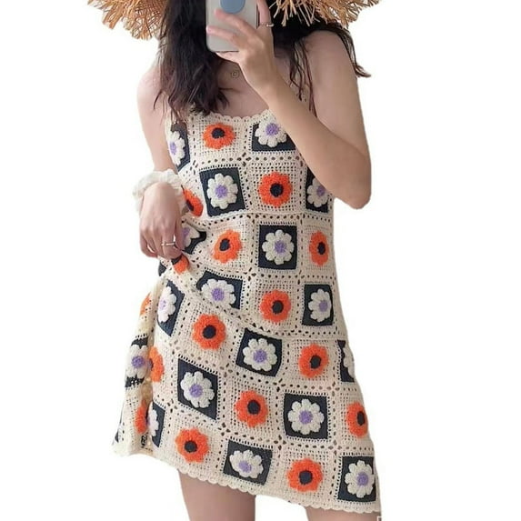 OOKWE Women Summer Sleeveless Crochet A-Line Midi Dress Hollow Out Knitted Embroidery Floral Loose Flared Hem Cover Up Beach Holiday Sling Sundress