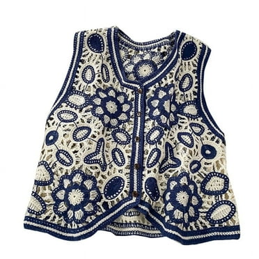OOKWE Women Vintage Hollow Out Crochet Crop Top Vest Embroidery Floral Sleeveless Jacket Cardigan Button Down Boho Hippie Casual Waistcoat