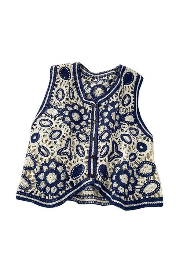 Women Vintage Hollow Out Crochet Crop Top Vest Embroidery Floral Sleeveless Jacket Cardigan Button Down Boho Hippie Casual Waistcoat