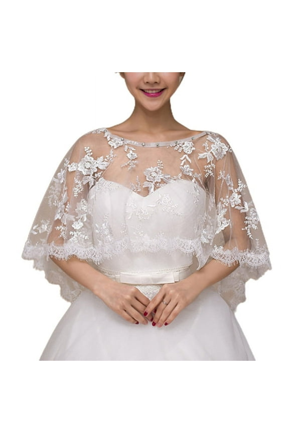 Womens Embroidery Floral Lace Wedding Shawl Cape Eyelash Trim High Low Tulle Bridal Capelet Bolero Rhinestone Shrug Wrap
