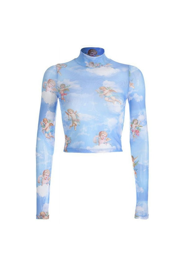 Womens Summer Long Sleeves Mock Neck Crop Top Romantic Colored Angel Cupid Printed T-Shirt See Through Mesh Party Club Blouse 4 Colors