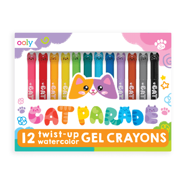 OOLY Cat Parade Gel Crayons for Kids, 12 Rainbow Color Crayons for Glass and Paper