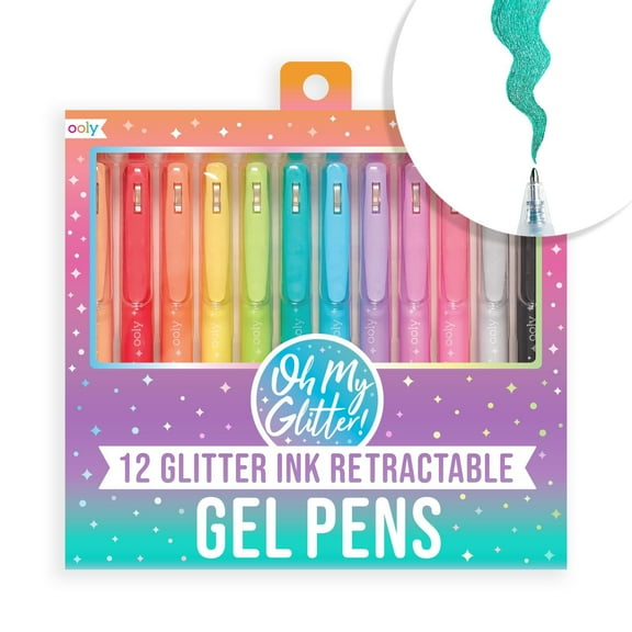 OOLY Oh My Glitter! Glitter Pens, Set of 12 Retractable Gel Pens for Kids