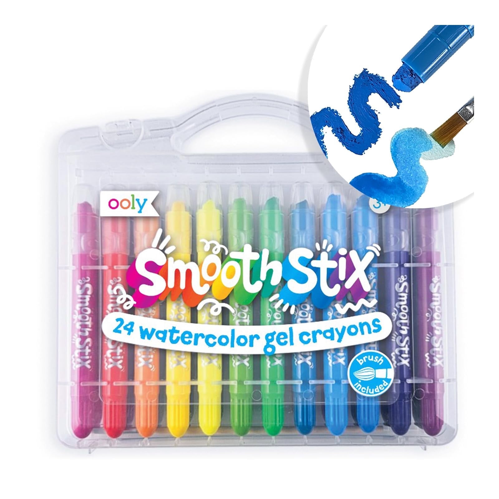 OOLY Smooth Stix, 24 Watercolor Gel Crayons for Kids, Paintbrush Included