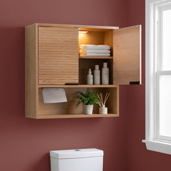 OONNEE 23" W Bathroom Wall-Mounted Over-the-Toilet Storage Cabinet with LED Sensor Light - Space-Saving Storage In Oak