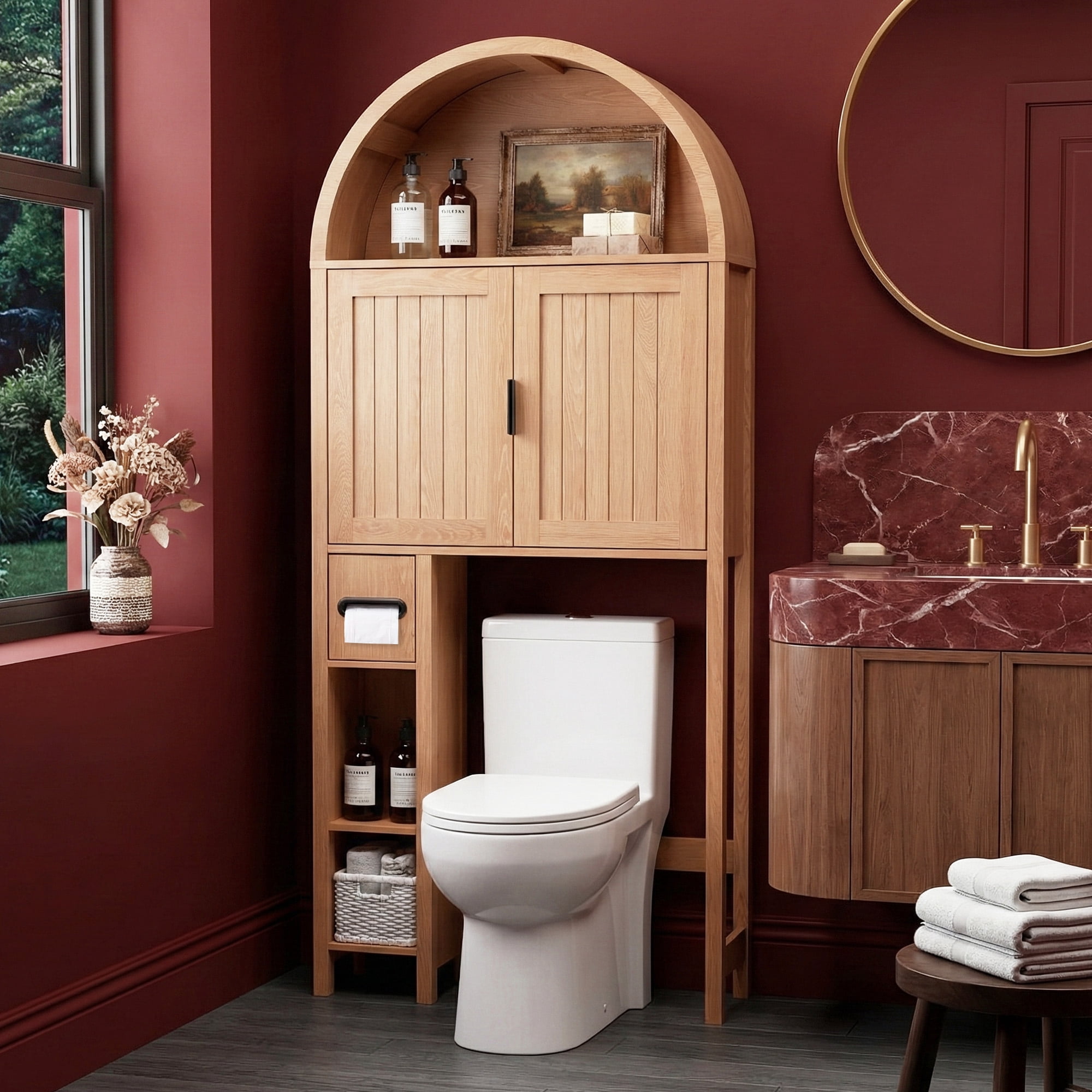 OONNEE 71" Arched Over the Toilet Storage Cabinet with 0.6" Extra-Thick Board, Freestanding Bathroom Organizer with Tissue Holder and Adjustable Shelf, Natural Wood