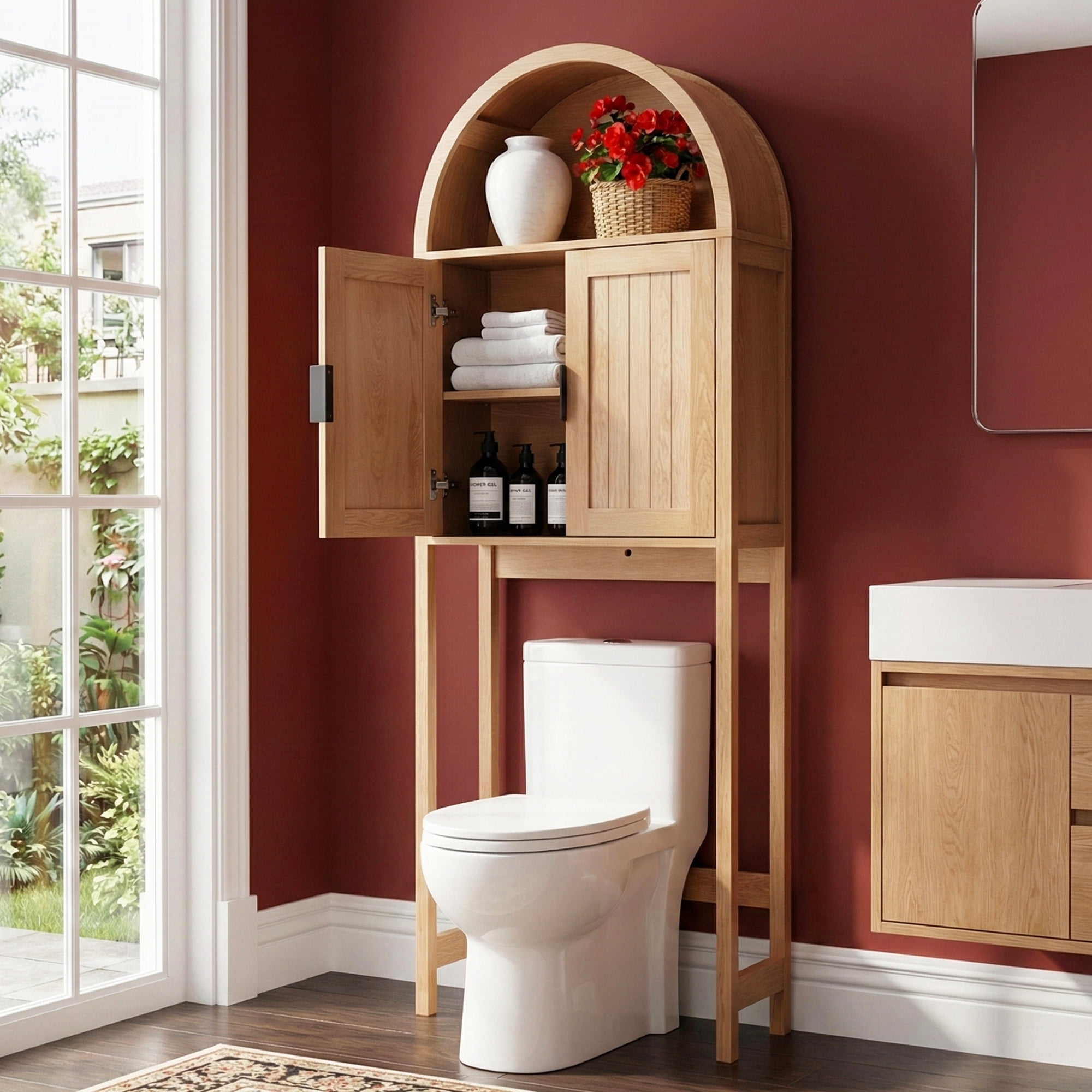 OONNEE 71" Arched Over the Toilet Storage Cabinet with 0.6" Thick MDF Frame, Freestanding Bathroom Organizer with 5-Position Adjustable Bar and Soft-Close Doors, Natural Wood