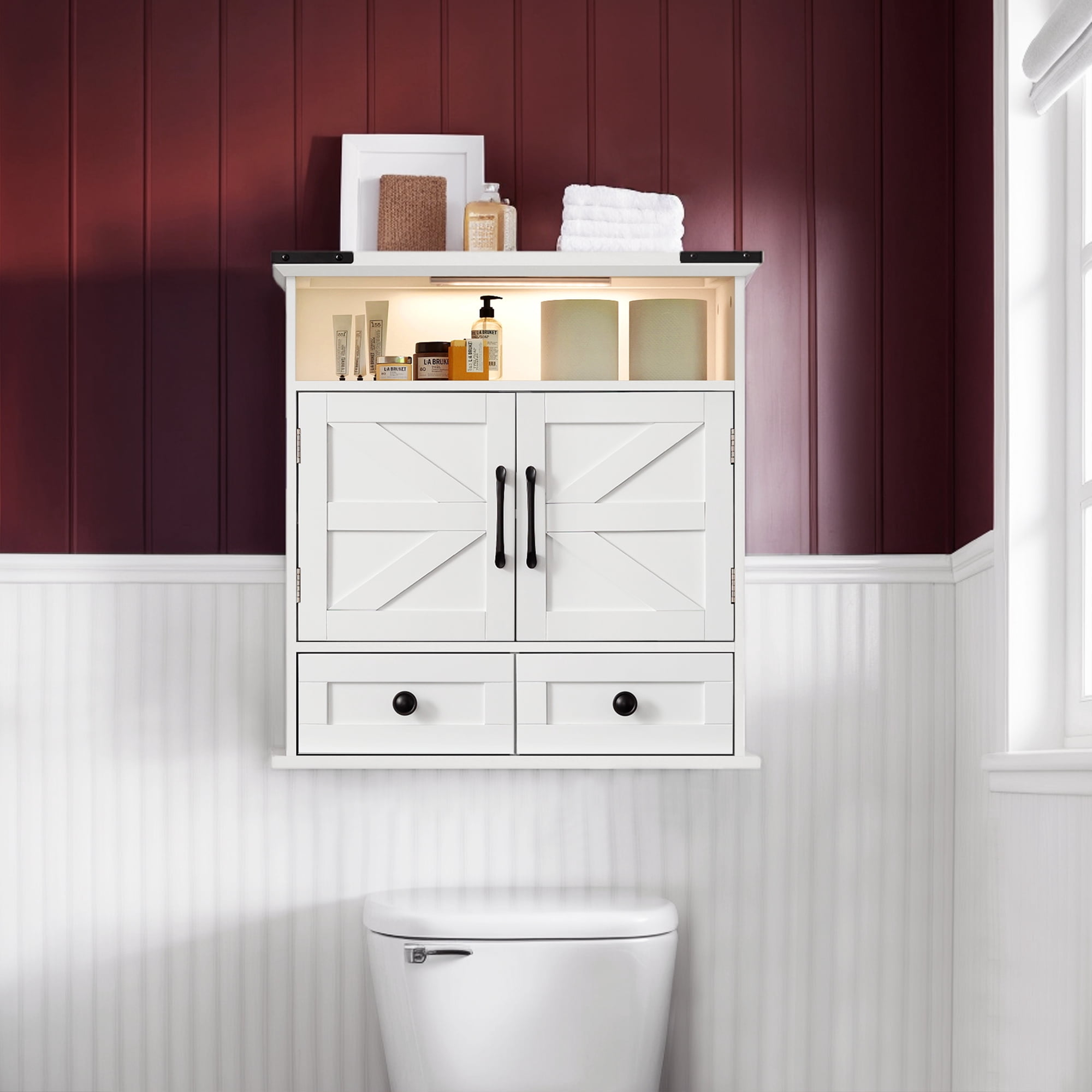 OONNEE Bathroom Wall Cabinet, 24" x 25" Farmhouse Over The Toilet Storage with Motion LED Light & Safety Drawers, Wooden Medicine Cabinet,White Storage Organizer