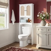 OONNEE Over-The-Toilet Storage Cabinet, Freestanding Bathroom Space Saver with Boho Rattan Doors, White