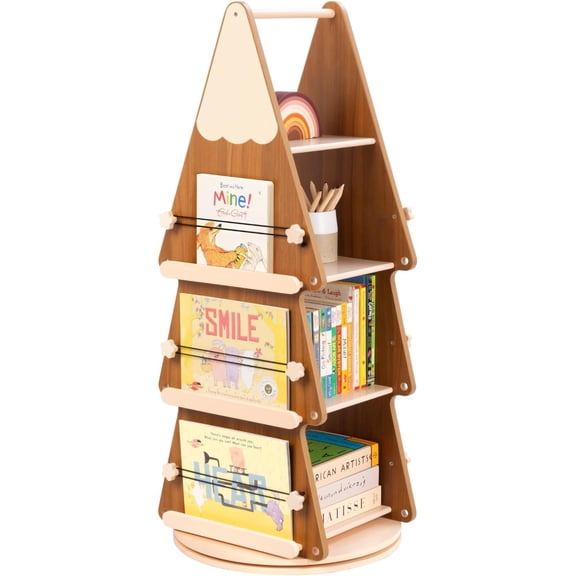 OOOK Pine Wood Kids Rotating Bookshelf Tower 4 Tier, 360Display Floor Standing Tree Spinning Bookshelf Tower, Small Corner Bookcase for Small Spaces, Book Shelf for Kids Rooms, Classroom, Nursery