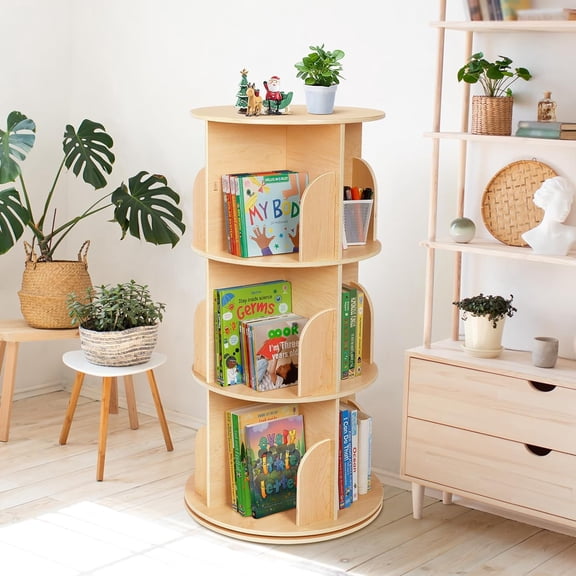 OOOK  Rotating Bookshelf Tower, 3 Tier Spinning Floor Standing Montessori Bookshelf Storage Rack, Large Chassis 360 Display for Small Space,  Room,
