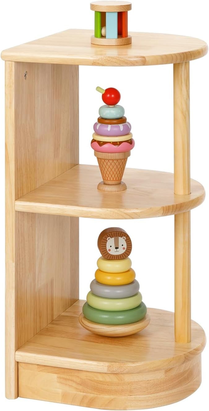 OOOK Rubber Wood Corner Storage Shelf, 3Tier Display Shelf, Montessori