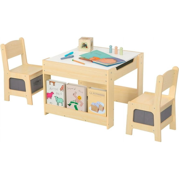 OOOK Table and Chairs Ages 3-7, 4 in 1 Toddler Desk and Chair Set with Whiteboard, Blackboard, Storage Drawer and Book Rack. Toddler Activity Table for Room, Nursery and Playroom