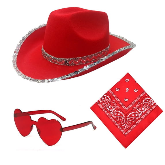 OOOUM 3 Piece Sequin Trim Cowboy Hat Set Bandana And Heart Sunglasses Sets Western Party Co_Stume Festivals Set Red