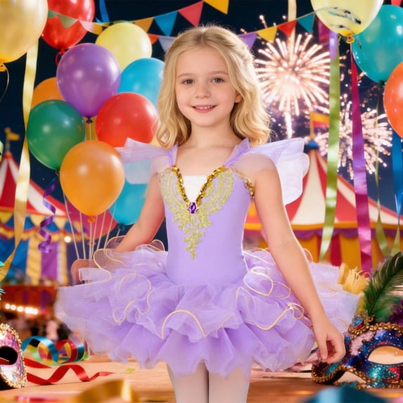 OOOUM 3 Piece Tutu Dresses Sets For Girls Flutter Sleeve Embroidered Ballet Leotards With Matching Ornament Kids Performance Dance Outfits Sets Purple 4-5 Years