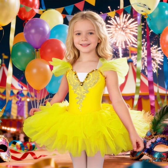 OOOUM 3 Piece Tutu Dresses Sets For Girls Flutter Sleeve Embroidered Ballet Leotards With Matching Ornament Kids Performance Dance Outfits Sets Yellow 4-5 Years