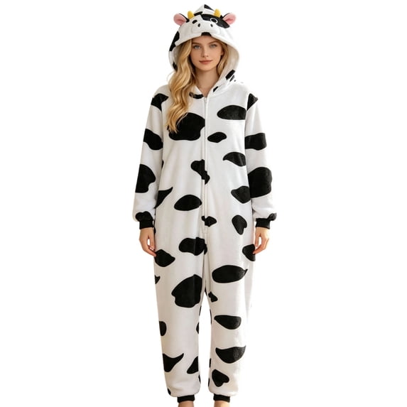 OOOUM Adult Cow Hooded Jumpsuit Men Flannel Zipper One Piece Rompers For Women Holiday Full Body Outfits White XL