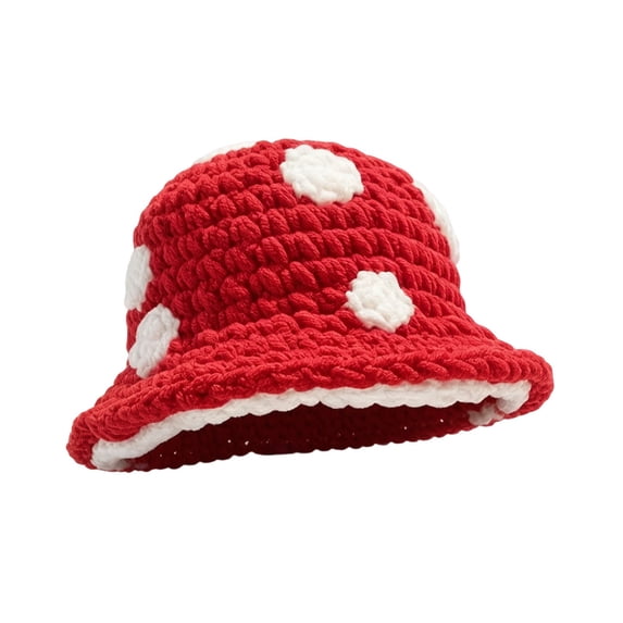 OOOUM Adult Mushroom Design Crochet Bucket Hat Handmade Knit Foldable Hat Soft Warm Outdoor Travel Sun Hat For Women Men Red