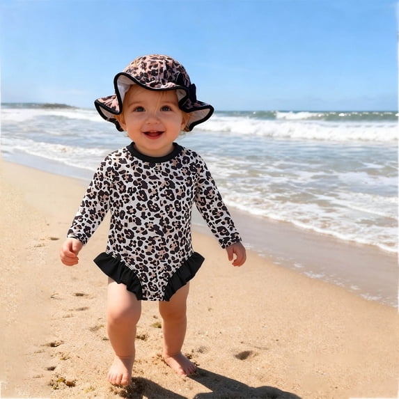 OOOUM Baby Girls Printed Long Sleeve Rash Guard Set Upf 50+ Sun Protection Ruffle Hem Swimsuit With Matching Sun Hat Toddler Kids Cute Fashion Summer Beach Bathing Suit Black 6-9 Month
