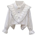 thumbnail image 1 of OOOUM Big Girls Long Sleeve Shirt Relaxed Fit Ruffle Solid Color Button Down Shirt Modest Fashionable Casual Collared Tops Beige4 13-14 Years, 1 of 3