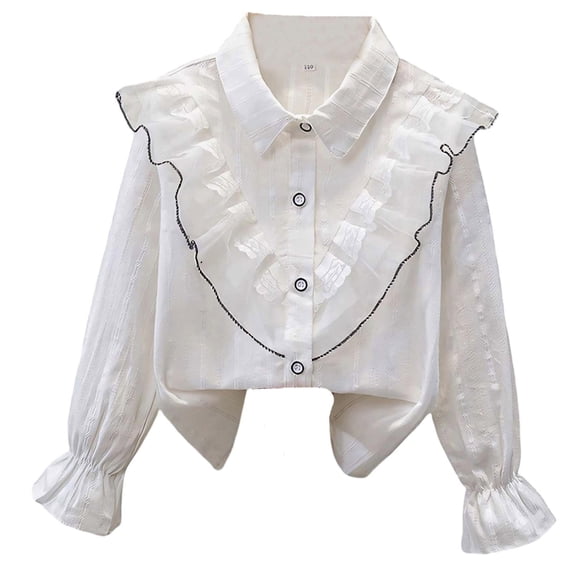 OOOUM Big Girls Long Sleeve Shirt Relaxed Fit Ruffle Solid Color Button Down Shirt Modest Fashionable Casual Collared Tops Beige4 13-14 Years