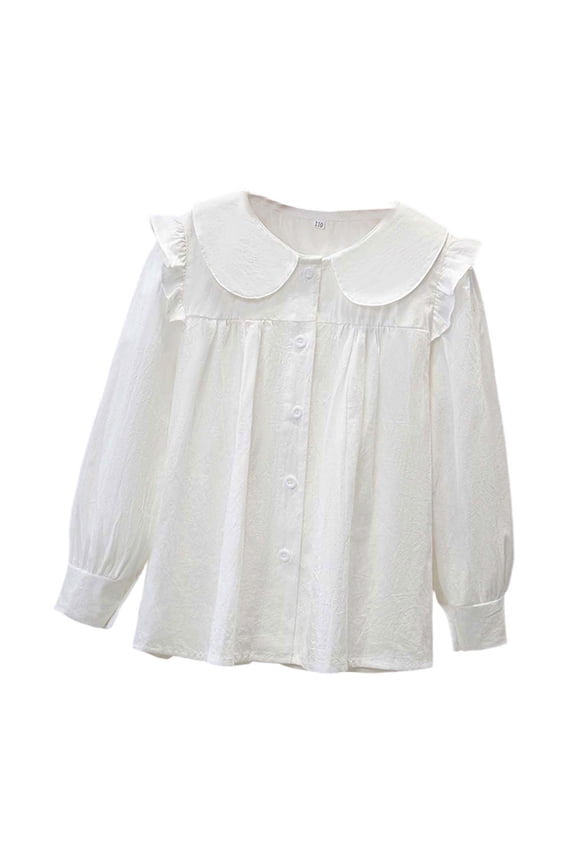 Big Girls Long Sleeve Shirt Relaxed Fit Ruffle Solid Color Button Down Shirt Modest Fashionable Casual Collared Tops Clear2 7-8 Years