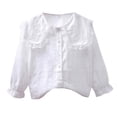 thumbnail image 1 of OOOUM Big Girls Long Sleeve Shirt Relaxed Fit Ruffle Solid Color Button Down Shirt Modest Fashionable Casual Collared Tops White 11-12 Years, 1 of 3