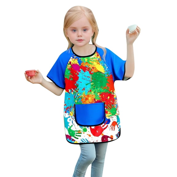 OOOUM Big Kids Colorful Short Sleeve Painting Apron Loose Crewneck Print Artist Smock Modest Comfortable Drawing Cover Up Blue 9-12 Years