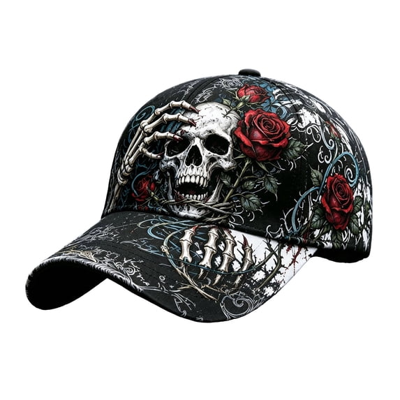OOOUM Black Skull Baseball Hat Gothic Floral Vine Print Adjustable Trucker Hat Hip Hop Streetwear Sports Casual Dad Hat For Men Women Black