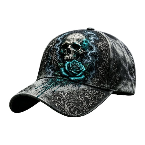 OOOUM Black Skull Baseball Hat Gothic Floral Vine Print Adjustable Trucker Hat Hip Hop Streetwear Sports Casual Dad Hat For Men Women Grey