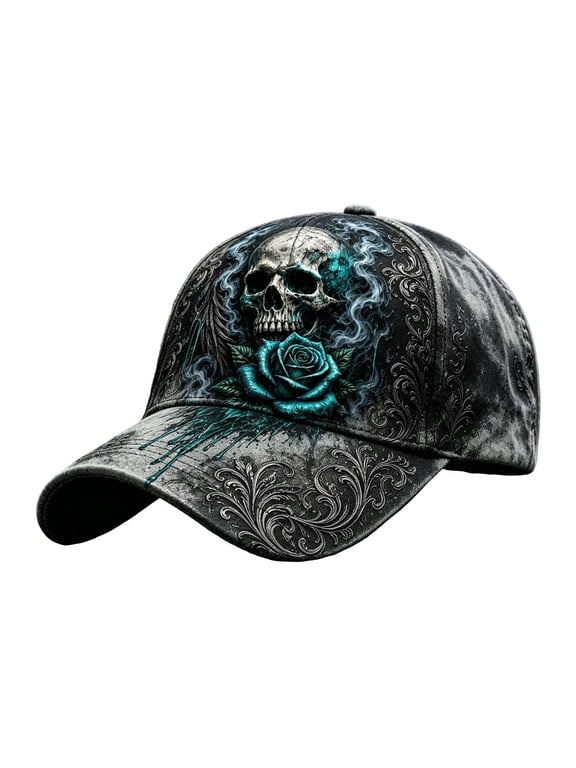 Black Skull Baseball Hat Gothic Floral Vine Print Adjustable Trucker Hat Hip Hop Streetwear Sports Casual Dad Hat For Men Women Grey