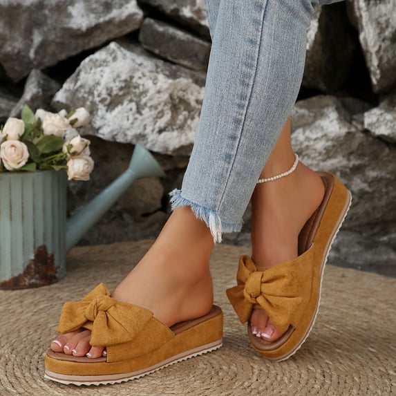 OOOUM Bow Platform Sandals For Women Comfortable Cushioned Soft Wedge Sandals Open Toe Slip On Casual Summer Beach Flats Yellow US:7