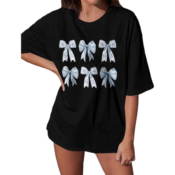 OOOUM Bow Print Oversized T-Shirt For Women Crewneck Short Sleeve Graphic Tee Soft Cotton Daily Streetwear Shirt Tops Black S