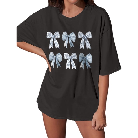 OOOUM Bow Print Oversized T-Shirt For Women Crewneck Short Sleeve Graphic Tee Soft Cotton Daily Streetwear Shirt Tops Grey XL