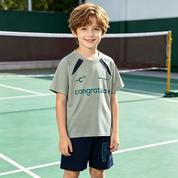 OOOUM Boys 2 Piece Matching Clothing Set Breathable Ice Silk Short Sleeve Sports Sets Cool Comfort Sports Outfits Sets Green 7-8 Years