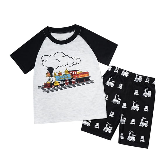 OOOUM Boys 2 Piece Summer Lounge Set Train Graphic Raglan Short Sleeve Top Matching Elastic Waist Print Shorts Soft Breathable Cozy Casual Outfit Light Gray 3-4 Years