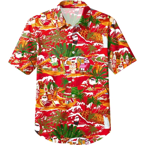 OOOUM Boys Christmas Shirt Kids Short Sleeve Button-Down Turn-Down Collar Santa Print Hawaiian Regular Fit Casual Top,4-5 Years