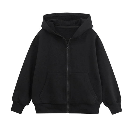 OOOUM Boys Girls Full Zip Sweatshirt Solid Color Classic Pockets Loose Hoodies Kids Lightweight Comfortable Jacket Black 7-8 Years