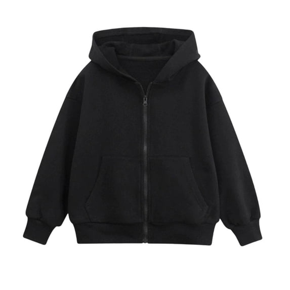 OOOUM Boys Girls Full Zip Sweatshirt Solid Color Classic Pockets Loose Hoodies Kids Lightweight Comfortable Jacket Black 9-10 Years