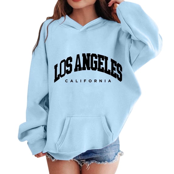 OOOUM Boys Girls Varsity Hoodies Oversized Casual Relaxed Sweatshirt Letter Print Fall Pullover Top Sky Blue 7-8 Years