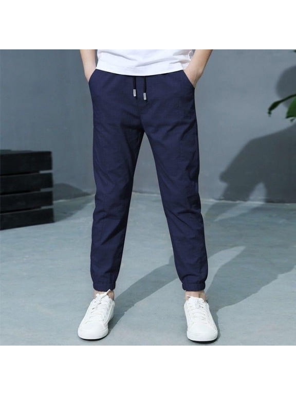 Boys Joggers Hiking Pants Drawstring Waist Track Pants Athletic Workout Casual Cozy Trousers For Kids Navy 8-9 Years