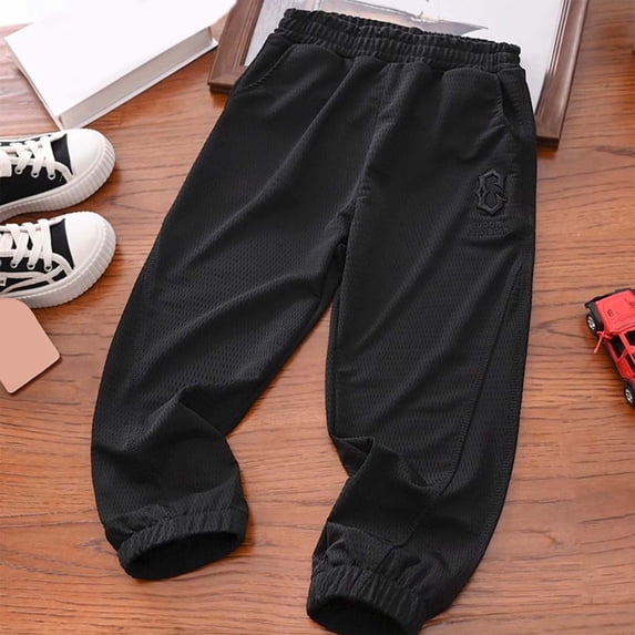 OOOUM Boys Joggers Pants Elastic Waist Breathable Track Pants With Pockets Sports Exercise Summer Trousers For Kids Black 8-9 Years