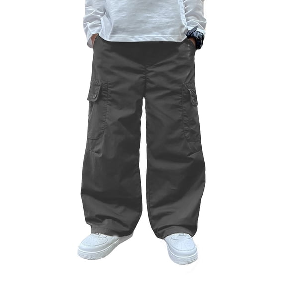 OOOUM Boys Oversized Cargo Pants Baggy Solid Elastic Waist Wide Leg Pants Comfortable Streetwear Casual Trousers Black 8-9 Years