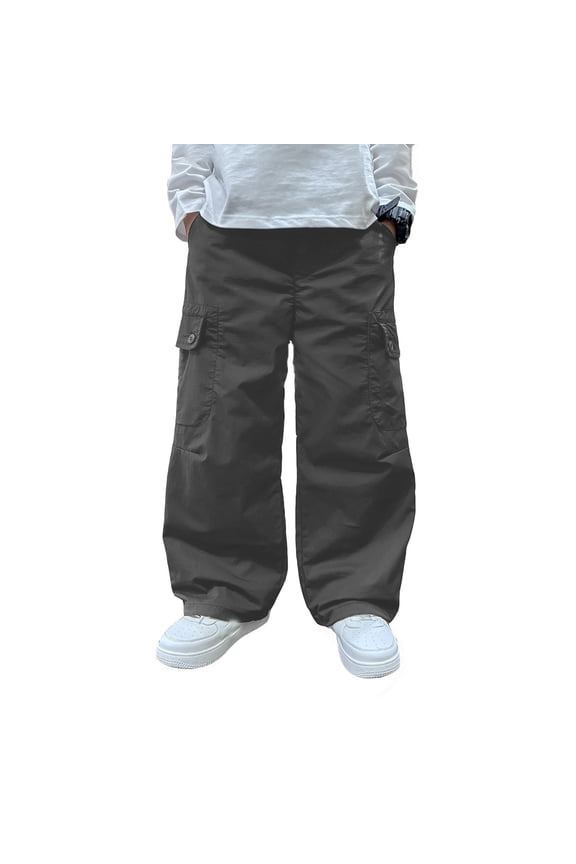 Boys Oversized Cargo Pants Baggy Solid Elastic Waist Wide Leg Pants Comfortable Streetwear Casual Trousers Black 8-9 Years